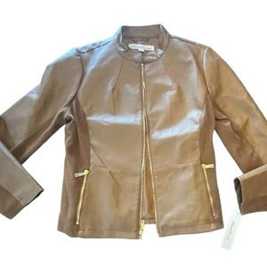 Kenneth Cole New York Brown Faux Leather Moto Style Jacket Size Large
